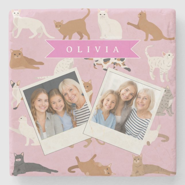 Personalized Cute Pink Cat Pattern Gift Cat Lover Stone Coaster (Front)