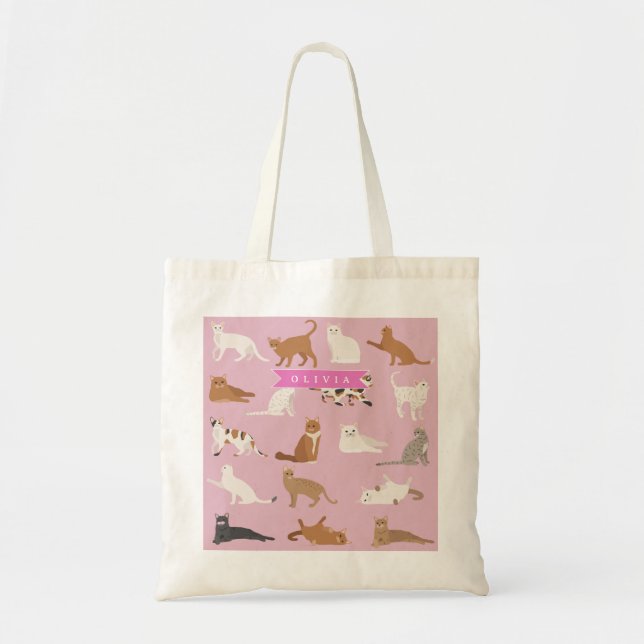 Personalized Cute Pink Cat Pattern Gift Cat Lover Tote Bag (Front)