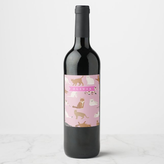Personalized Cute Pink Cat Pattern Gift Cat Lover Wine Label (Front)