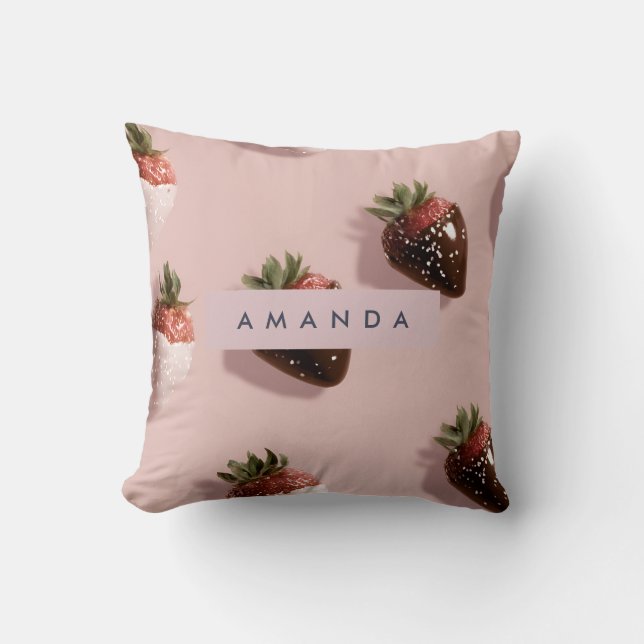 Personalized Cute Pink Chocolate-dipped Strawberry Throw Pillow (Front)