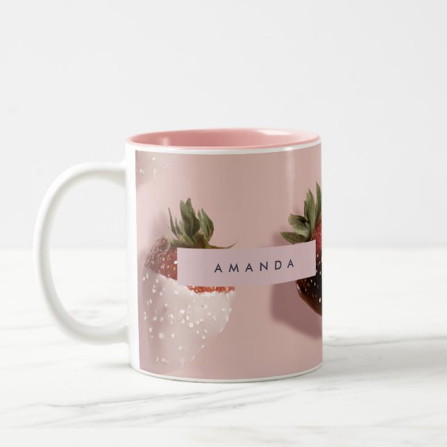 Personalized Cute Pink Chocolate-dipped Strawberry Two-Tone Coffee Mug (Left)