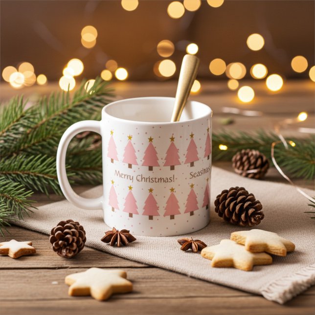 Personalized Cute Pink Christmas Trees, Gold Stars Coffee Mug (Creator Uploaded)
