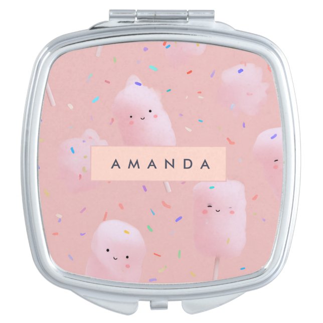 Personalized Cute Pink Cotton Candy Pattern Compact Mirror (Front)