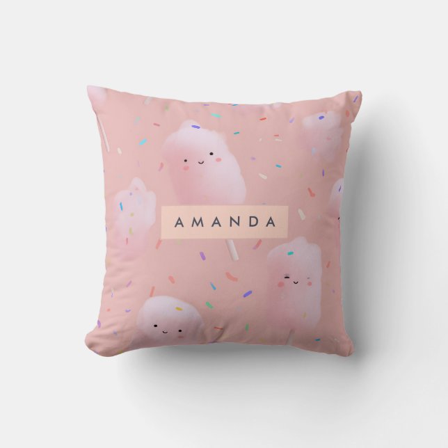 Personalized Cute Pink Cotton Candy Pattern Throw Pillow (Front)