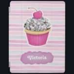 Personalized Cute Pink Cupcake iPad Smart Cover<br><div class="desc">This Ipad smart cover is decorated with a chic sparkly cupcake with a cherry on top. This girly notebook has a pink and purple striped background. Personalize it with your name. Great for back to school. Designed for you by Blackberry Boulevard.</div>