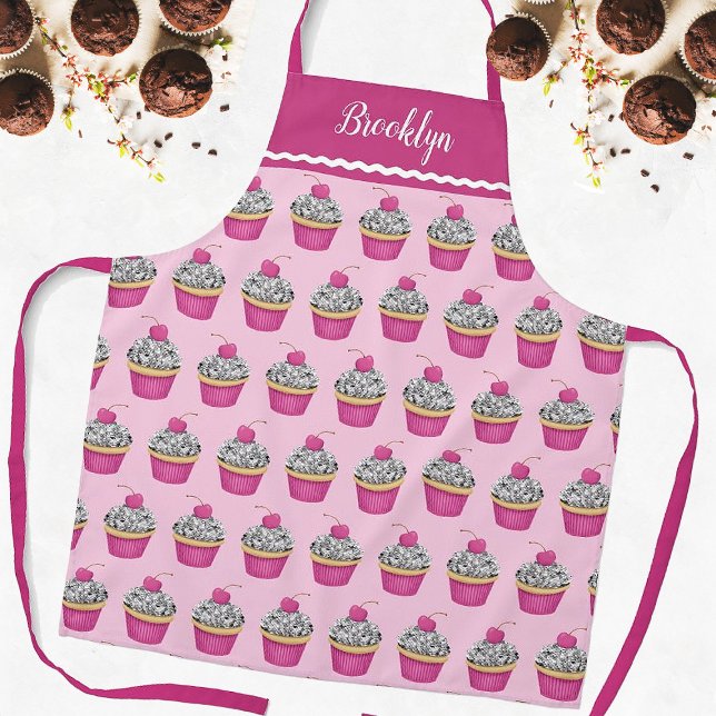 Personalized Cute Pink Cupcake Pattern Apron (A pretty pink cupcake pattern with silver glitter and a cherry on top. So cute!)
