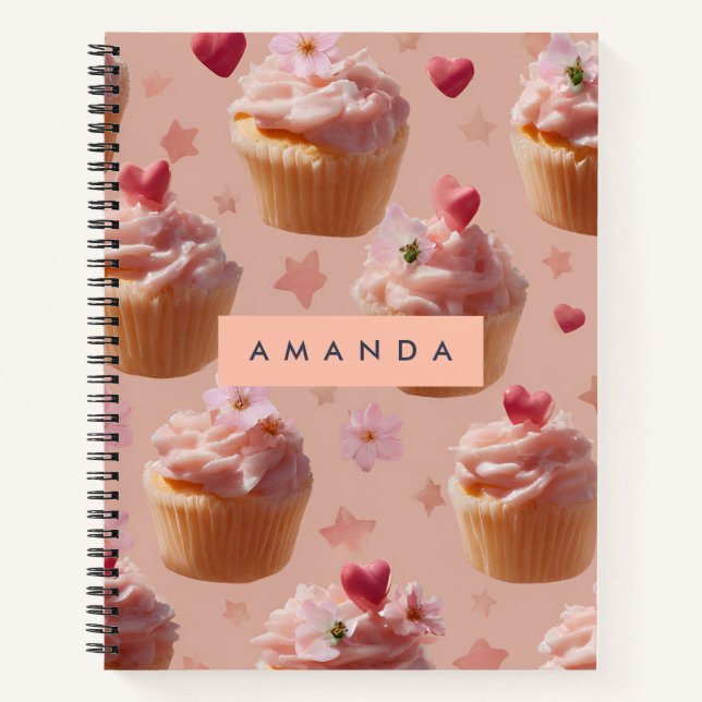 Personalized Cute Pink Cupcake Pattern Notebook (Front)