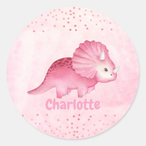 Personalized Cute Pink Dinosaur   Classic Round Sticker