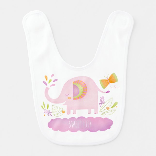Personalized Cute Pink Elephant Baby Bib (Front)