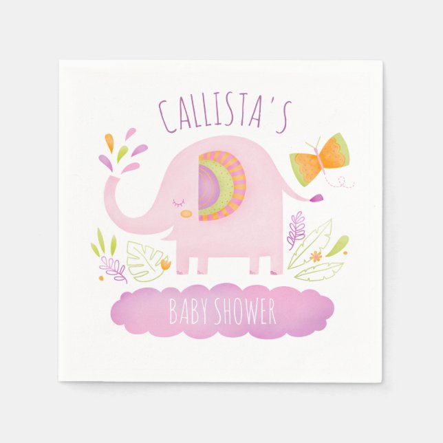 Personalized Cute Pink Elephant Baby Shower Napkins (Front)