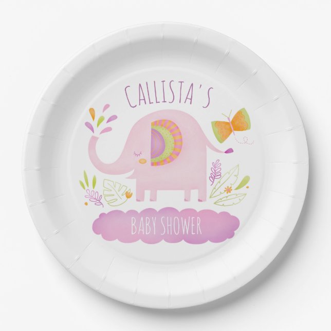 Personalized Cute Pink Elephant Baby Shower Paper Plates (Front)