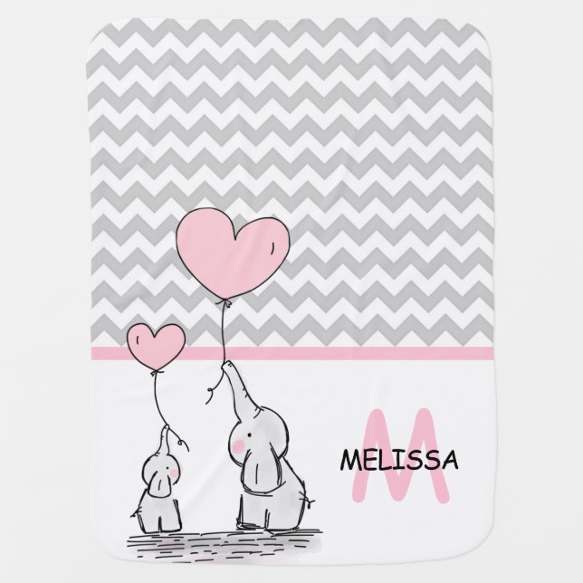 Personalized Cute Pink Elephant Chevron Grey GIRL Baby Blanket (Front)