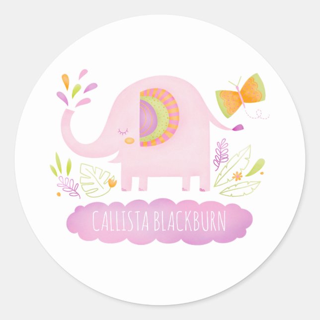 Personalized Cute Pink Elephant Sticker (Front)