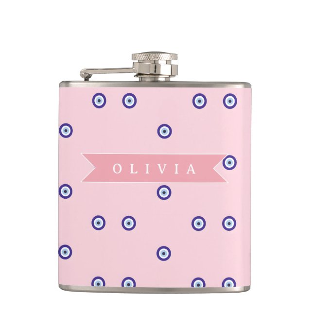 Personalized Cute Pink Evil Eye Custom Gift Flask (Front)