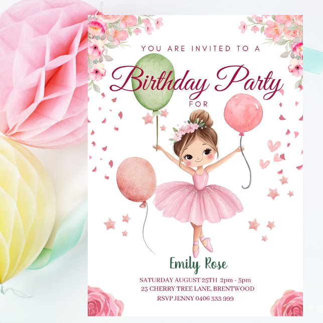 Personalized Cute Pink Floral Ballerina Birthday  Invitation (Personalized Ballerina Birthday Invitation for Girls - Pink Ballet Party Invite with Balloons & Name)