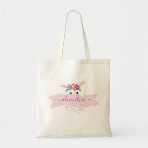 Personalized Cute Pink Floral Easter Bunny Girl Tote Bag