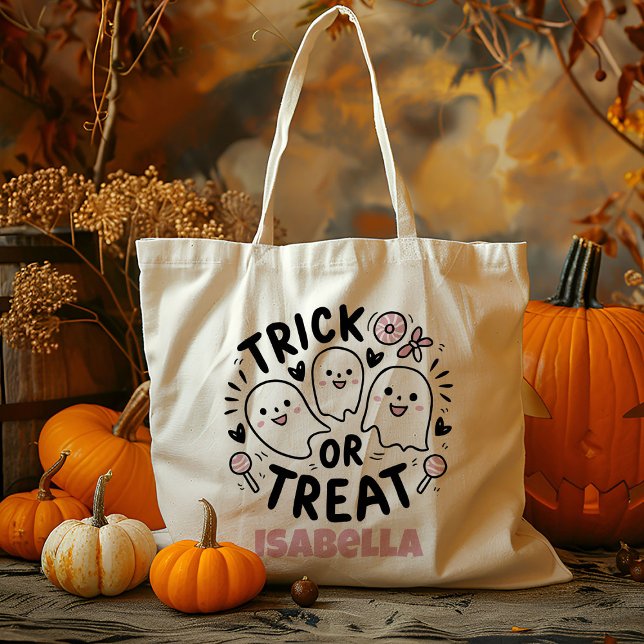 Personalized Cute Pink Ghost Trick Or Treat Candy Tote Bag (Creator Uploaded)