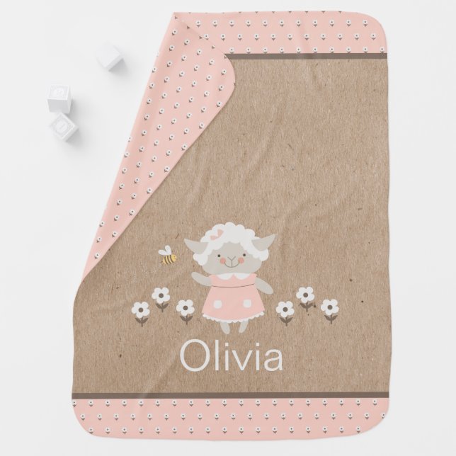 Personalized Cute Pink Girl Lamb Nursery Baby Blanket (In Situ)