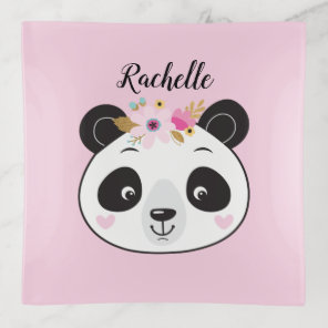Personalized Cute Pink Girl Panda Trinket Tray