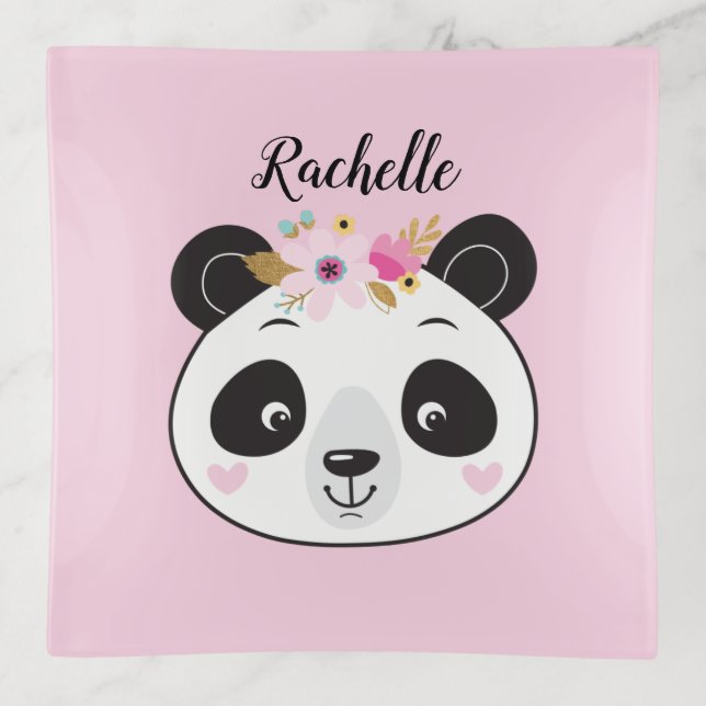 Personalized Cute Pink Girl Panda Trinket Tray (Front)