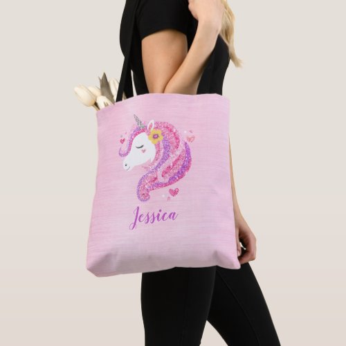 Personalized Cute Pink Girl Unicorn Tote Bag