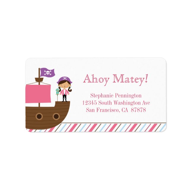Personalized cute pink girl's pirate address label (Front)