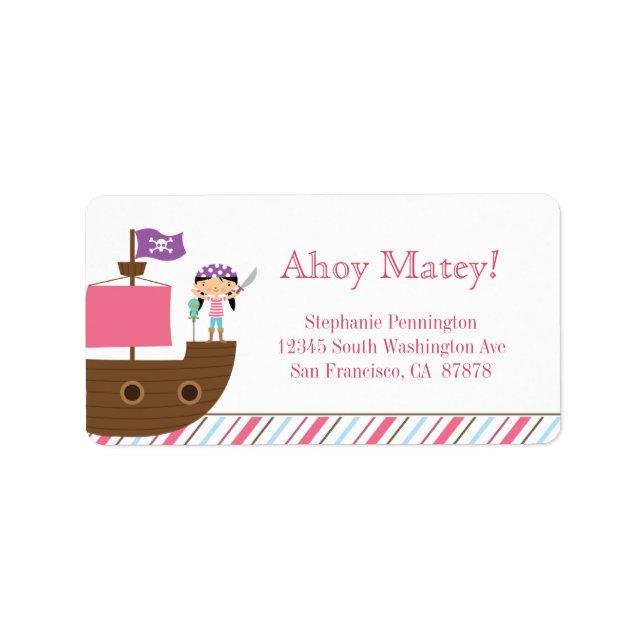 Personalized cute pink girl's pirate address label (Front)