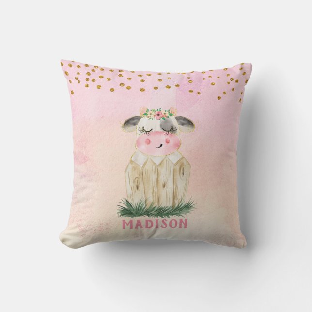 Personalized Cute Pink Gold Cow Throw Pillow (Front)