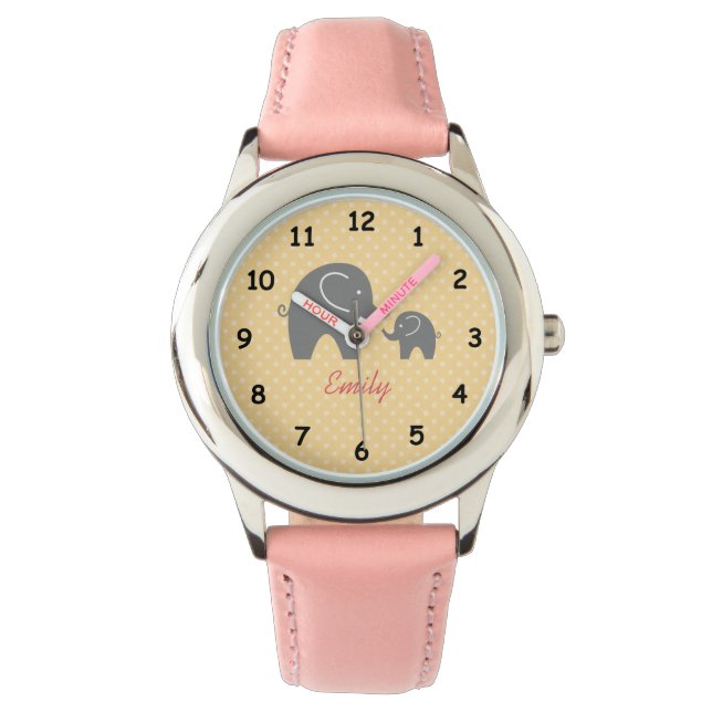 Personalized cute pink grey elephant girls watch (Front)