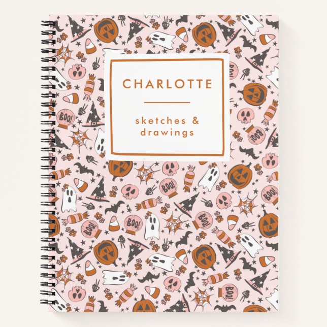 Personalized Cute Pink Halloween Ghosts Pumpkins Notebook (Front)