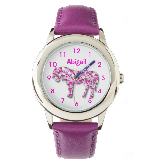 Personalized Cute Pink Heart Horse Pony Watch (Front)