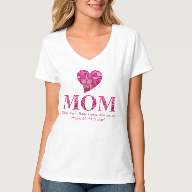 Personalized Cute Pink Heart MOM Floral Lettering T-Shirt (Front)
