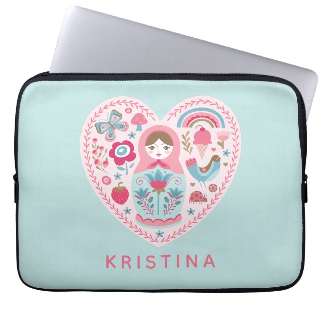 Personalized Cute Pink Heart Nesting Doll Laptop Sleeve (Front)