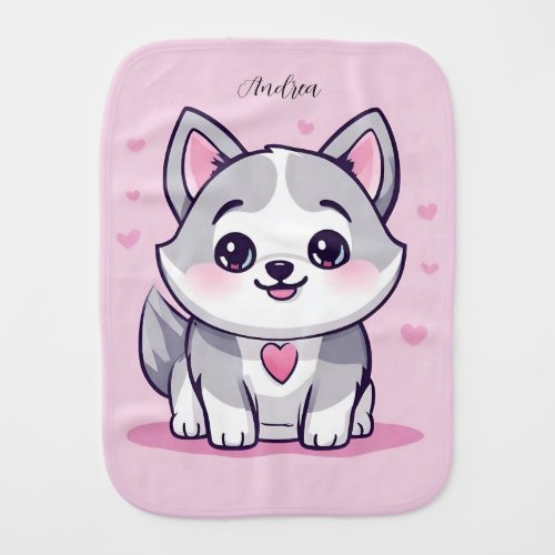 Personalized Cute Pink Husky Puppy Baby Burp Cloth
