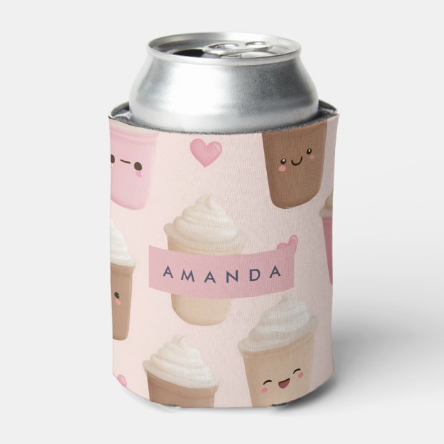 Personalized Cute Pink Kawaii Coffee Cup Can Cooler (Can Front)
