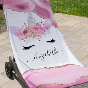 Personalized Cute Pink Kids Unicorn Beach Towel