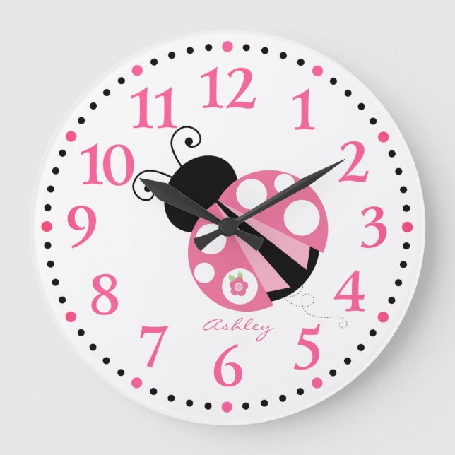 Personalized Cute Pink Ladybug Large Clock (Front)