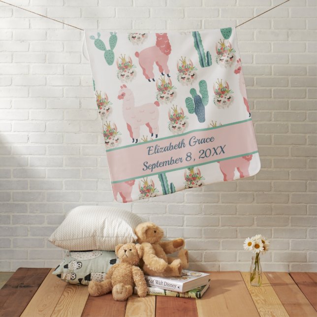 Personalized Cute Pink Llama's and Green Cactus Ba Baby Blanket (In Situ)