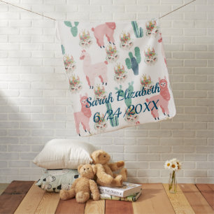 Personalized Cute Pink Llama's and Green Cactus Baby Blanket