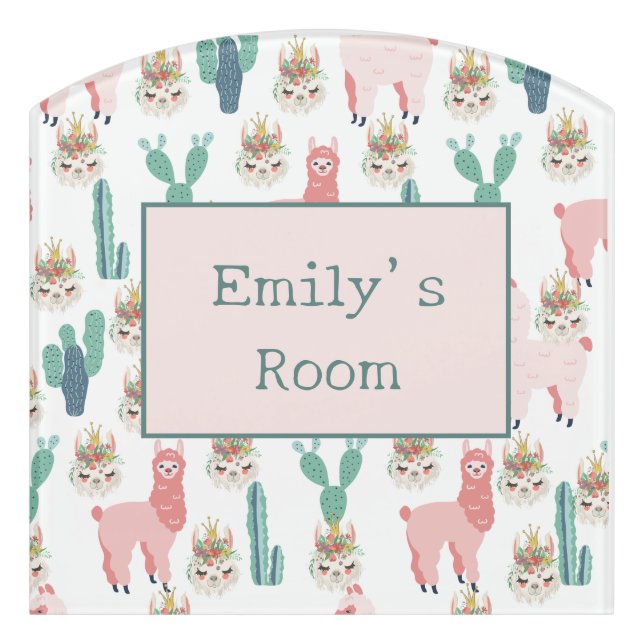 Personalized Cute Pink Llama's and Green Cactus  Door Sign (Contour Front)