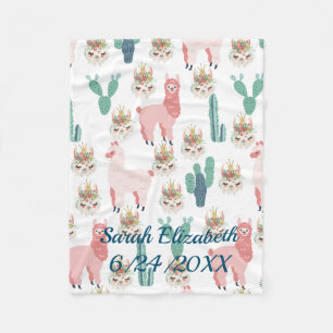 Personalized Cute Pink Llama's and Green Cactus Fleece Blanket