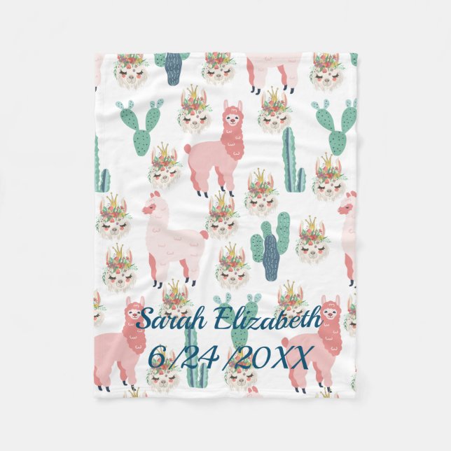 Personalized Cute Pink Llama's and Green Cactus Fleece Blanket (Front)
