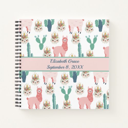 Personalized Cute Pink Llamas and Green Cactus  Notebook