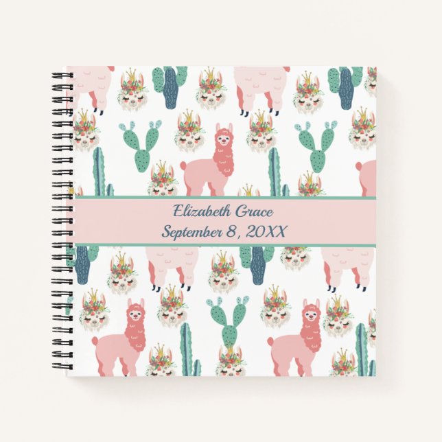 Personalized Cute Pink Llama's and Green Cactus  Notebook (Front)