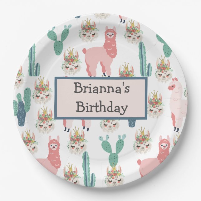Personalized Cute Pink Llama's and Green Cactus  Paper Plates (Front)