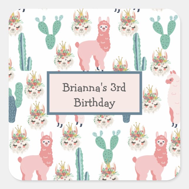 Personalized Cute Pink Llama's and Green Cactus Square Sticker (Front)