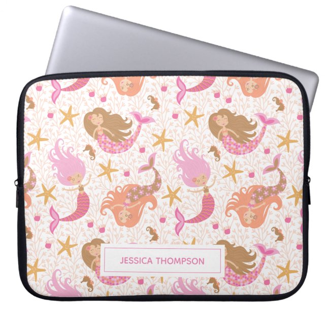 Personalized Cute Pink Mermaid Laptop Sleeve (Front)