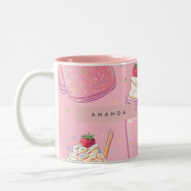 Personalized Cute Pink Milkshake Sprinkles Two-Tone Coffee Mug (Left)