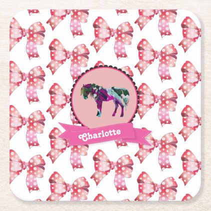 Personalized Cute Pink Modern Pony Square Paper Coaster