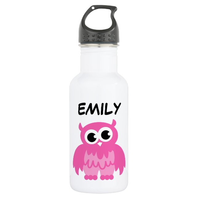 Personalized cute pink owl bird cartoon custom stainless steel water bottle (Front)